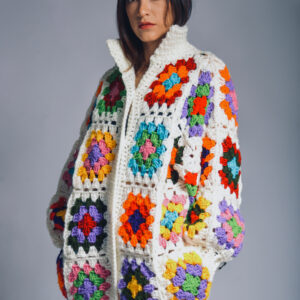 Bomber de lana abierta cuadrados blanca